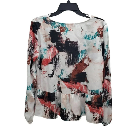 Nine West Womens White Abstract Artistic Splatter Long Sleeve Satin Peplum Top M - Picture 7 of 7